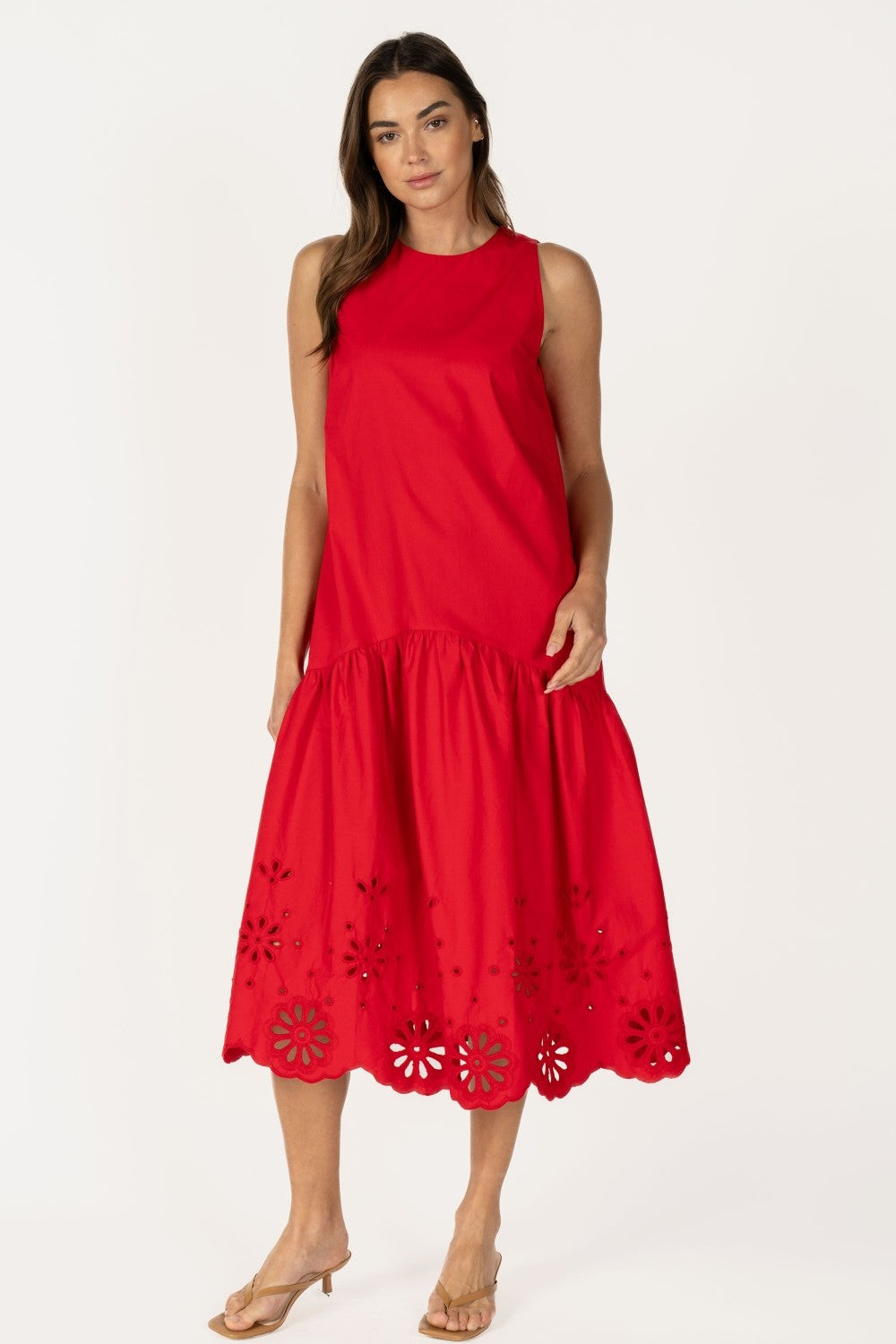 red eyelet midi dress Liza Eyelet Midi Dress