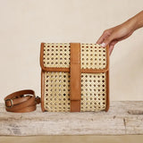 Brown Rattan Medium Clutch Leather Trim and Crossbody Strap