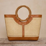 Rattan Cane Weave Tote w/ Black Leather Trim
