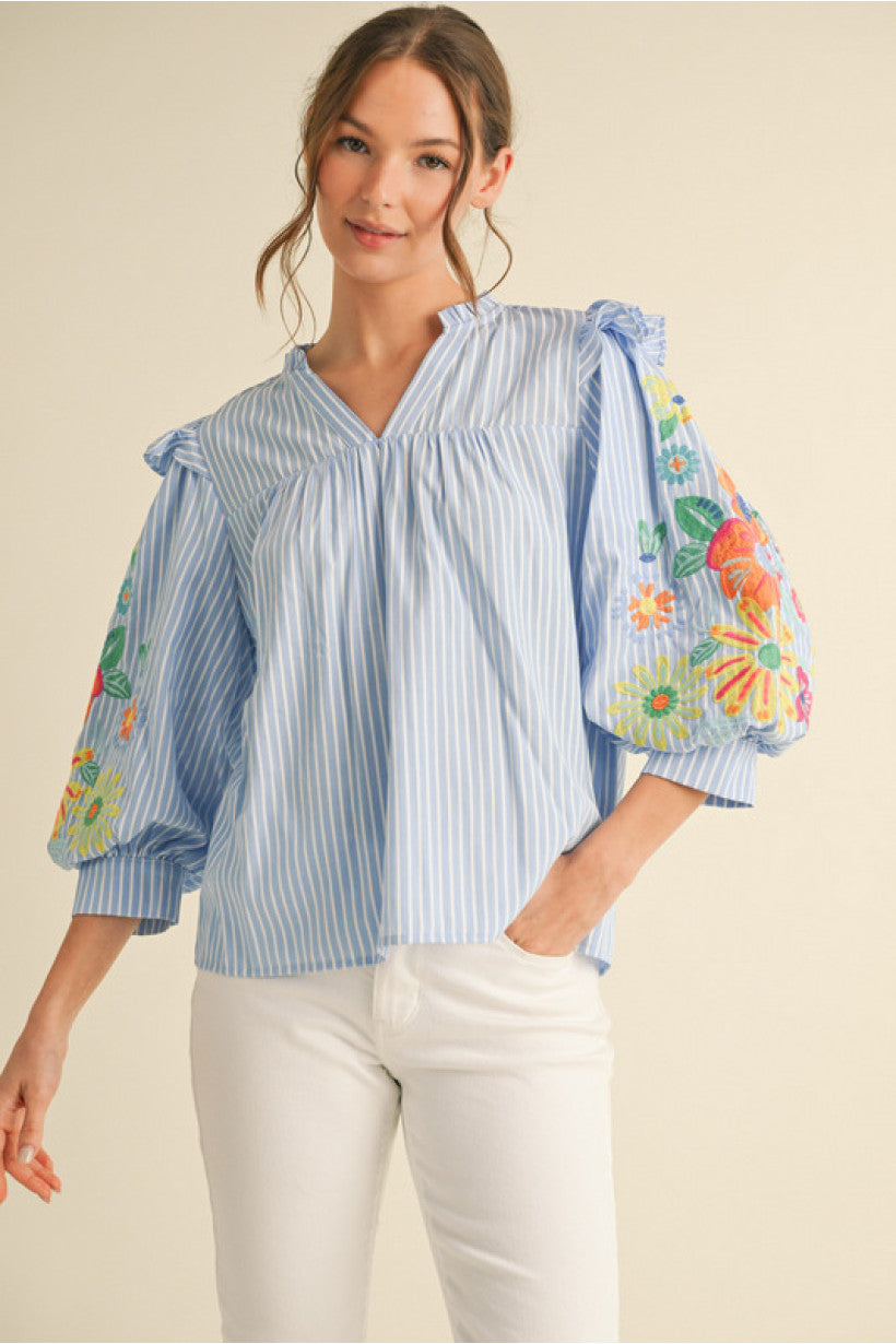 Flower Embroidered Stripped Top