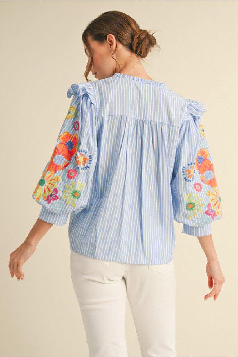 Flower Embroidered Stripped Top