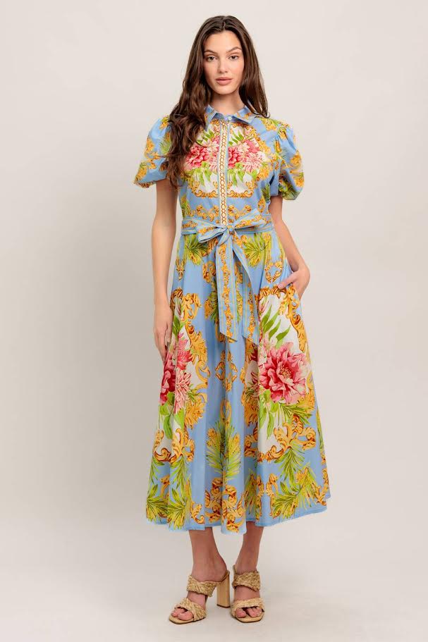 carmen midi dress Blue Floral Midi Dress With Ruffled Cap Sleeves