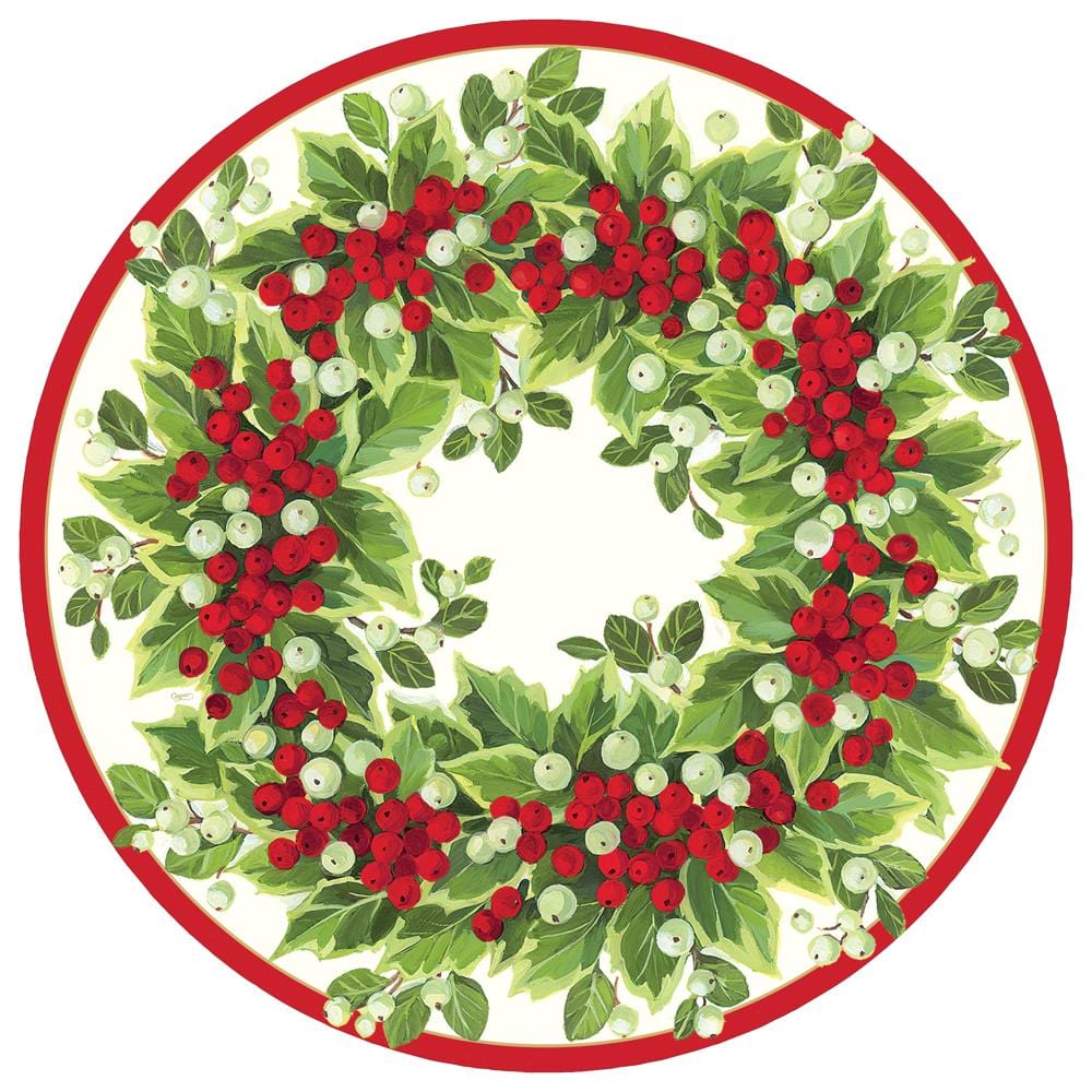 Holly and Berry Wreath Round Paper Placemats