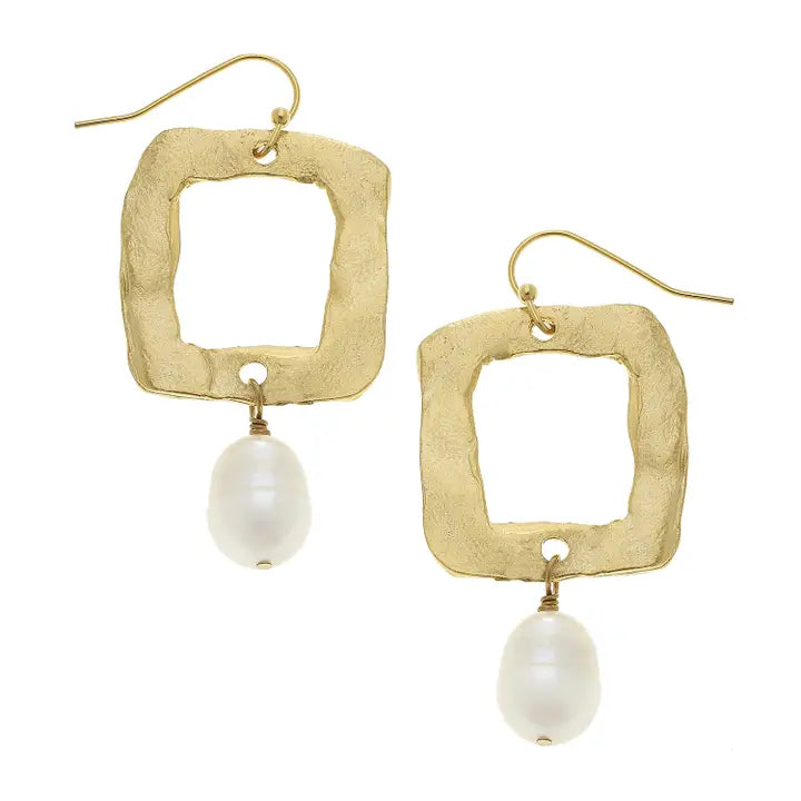 Open Square and Pearl Earrings