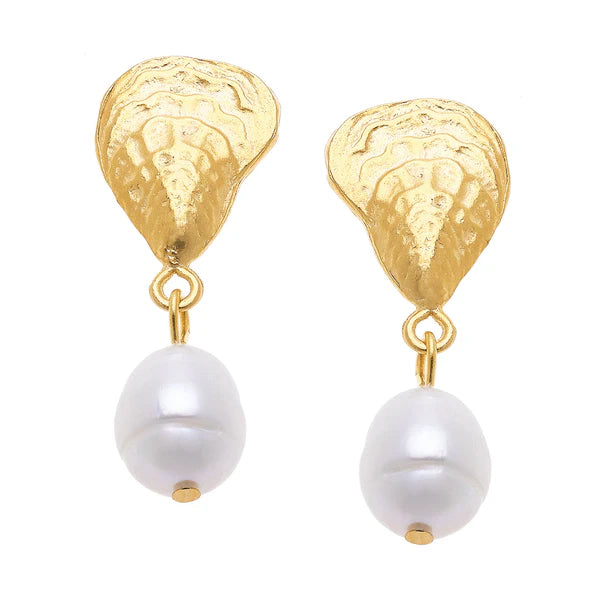 Handcast Gold Oyster Shell & Pearl Earrings