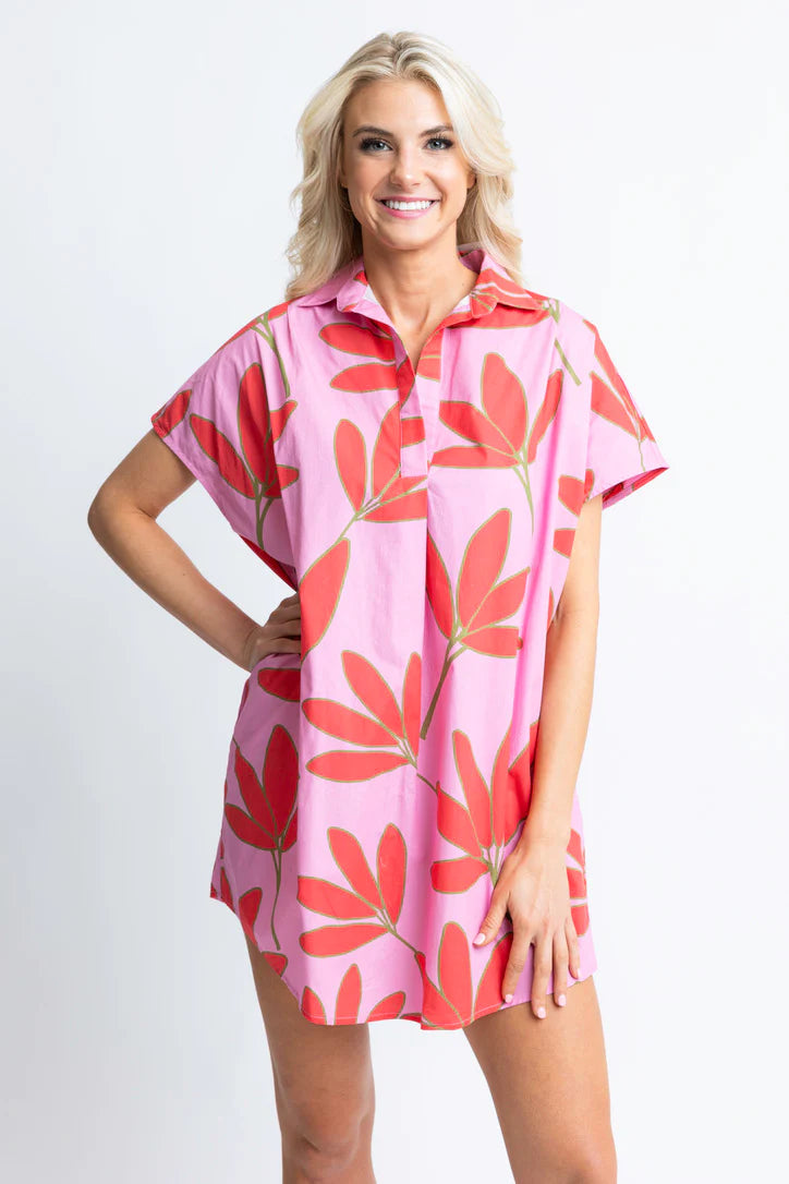 Palm Floral Collar Shirt Dress