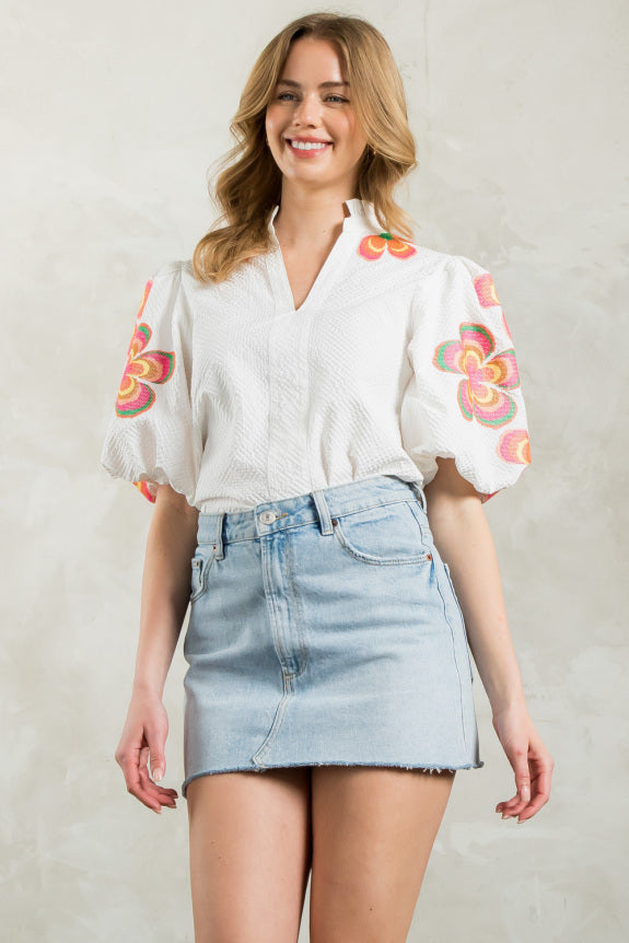 Embroidered Textured Puff Sleeve