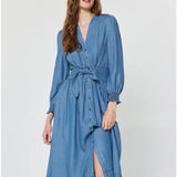Chambray V-Neck Midi Dress