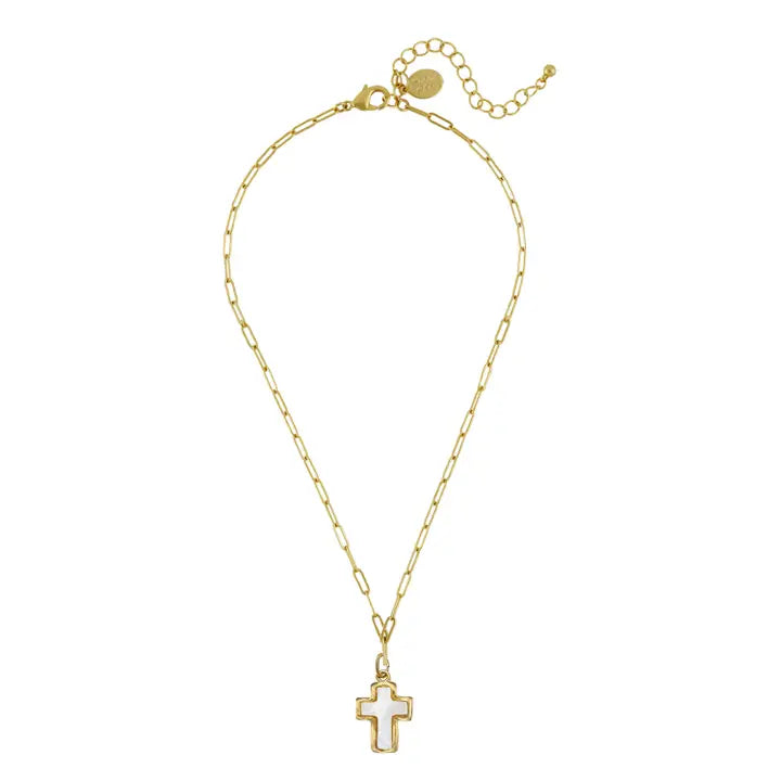 Mother of Pearl Cross Paperclip Necklace