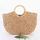 Handmade Faux Straw Wood Bead Handle Tote
