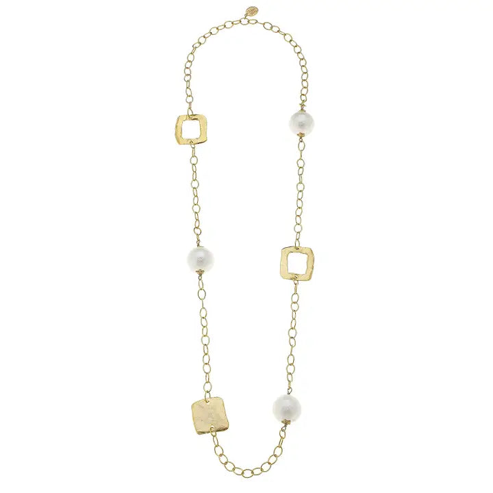 Gold Square & Cotton Pearl Chain Necklace