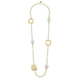 Gold Square & Cotton Pearl Chain Necklace
