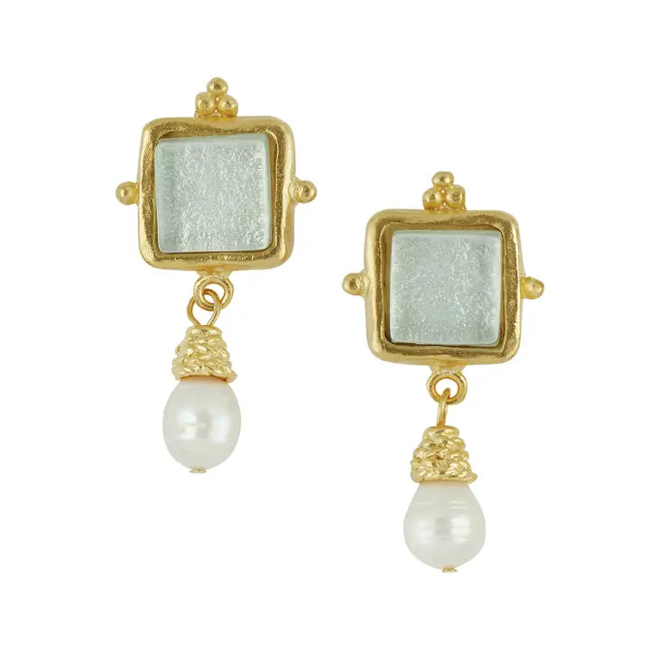 Susan Shaw Gold/White Glass+Pearl Earrings