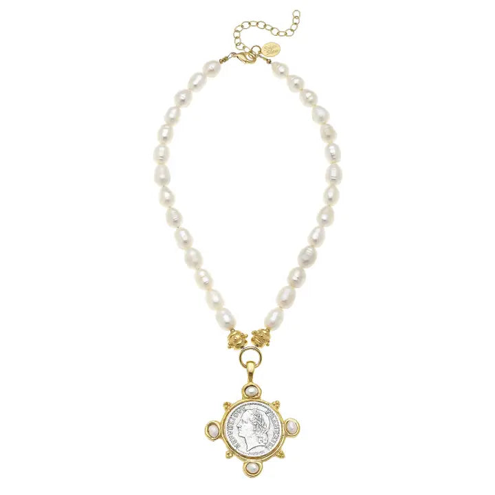 Gold & Silver Coin w/Pearls Necklace
