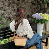 Microfiber Leather Trim Straw Tote/Crossbody