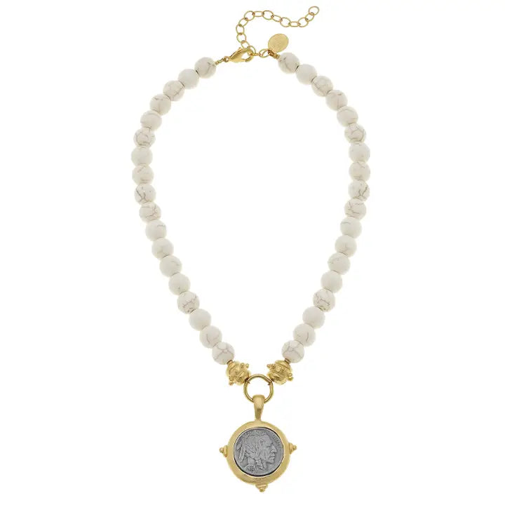 Gold & Silver Vintage Indian Head Coin on White Turquoise Necklace