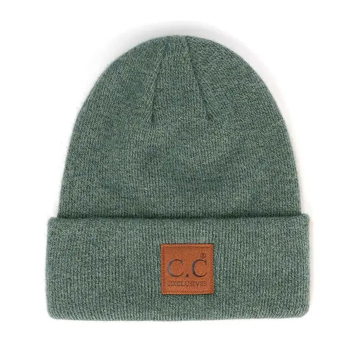 Soft Ribbed Leather Patch Beanie