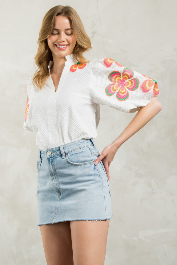 Embroidered Textured Puff Sleeve