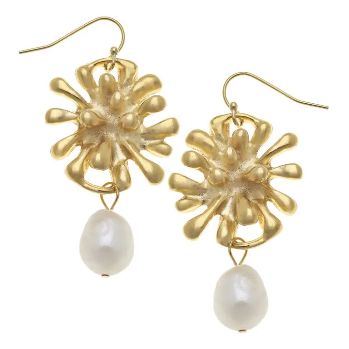 Gold Starburst and Genuine Freshwater Pearl Earrings