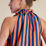 Ruffle Neck Tie Striped Top