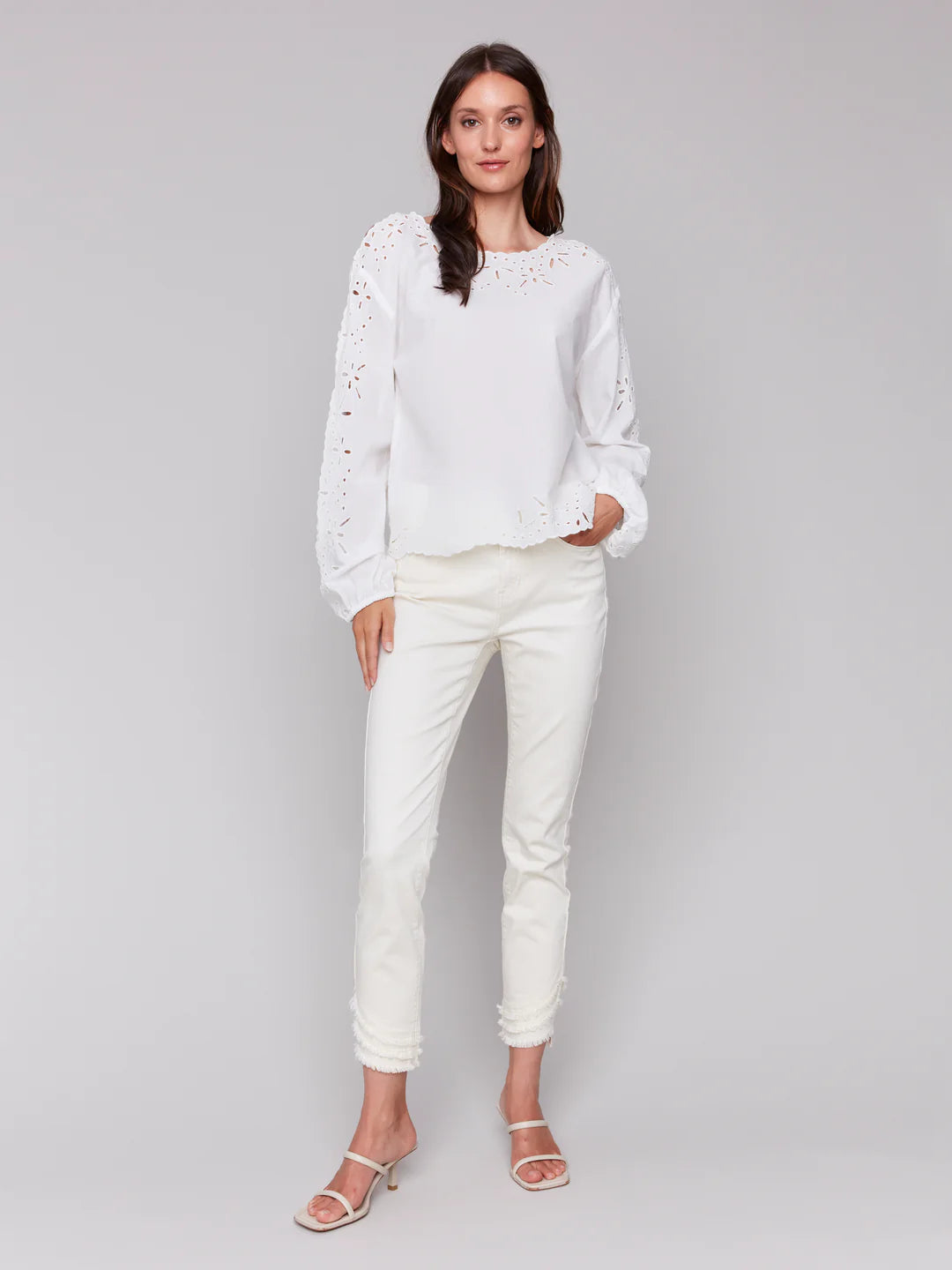 Eyelet Cotton Long Sleeve Blouse