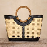 Rattan Cane Weave Tote w/ Black Leather Trim
