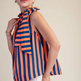 Ruffle Neck Tie Striped Top