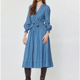 Chambray V-Neck Midi Dress