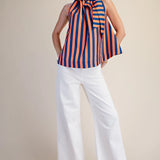 Ruffle Neck Tie Striped Top