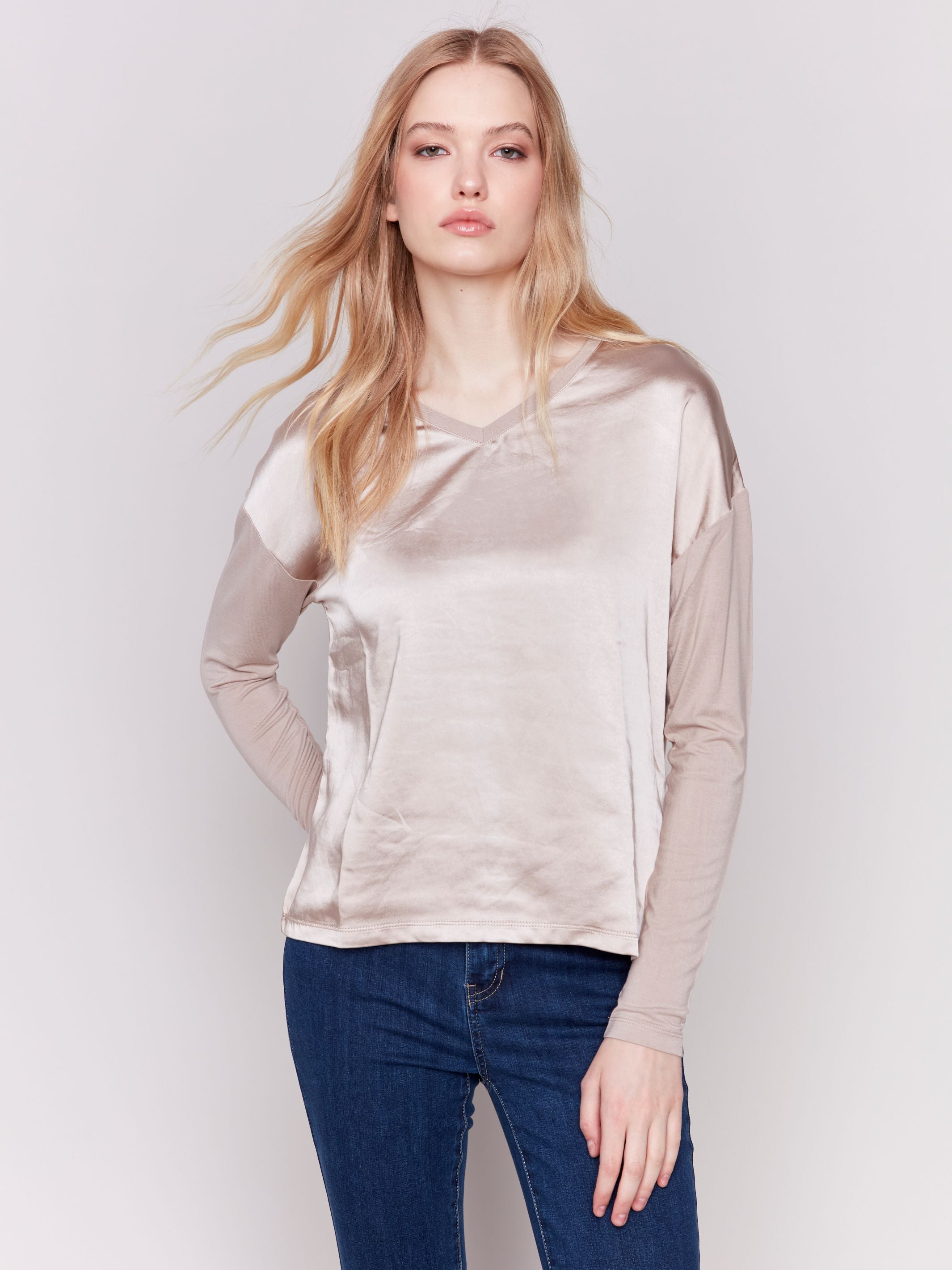 Satin Front Long Sleeve Top