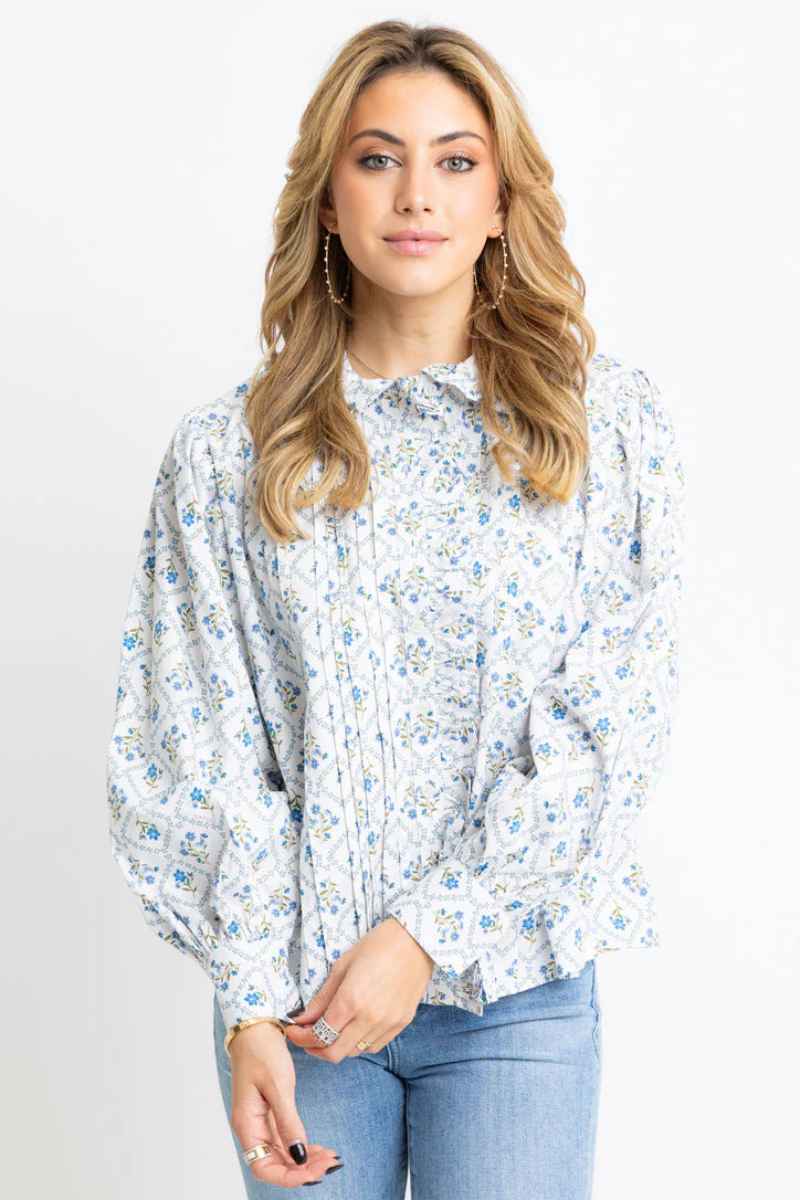 French Floral Pleat Ruffle Top