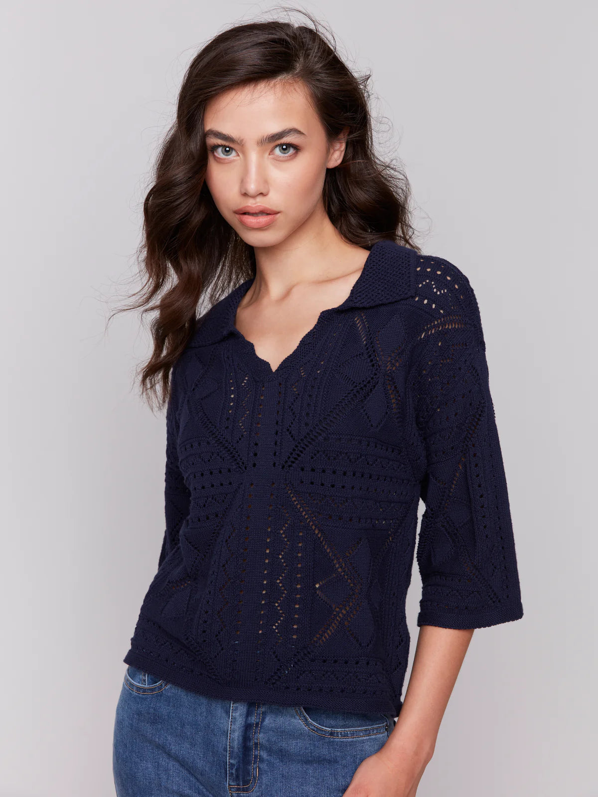 Johnny Collar Pointelle Sweater