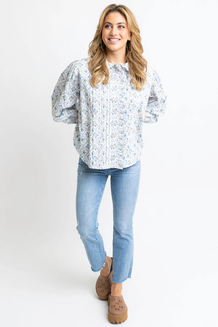 French Floral Pleat Ruffle Top