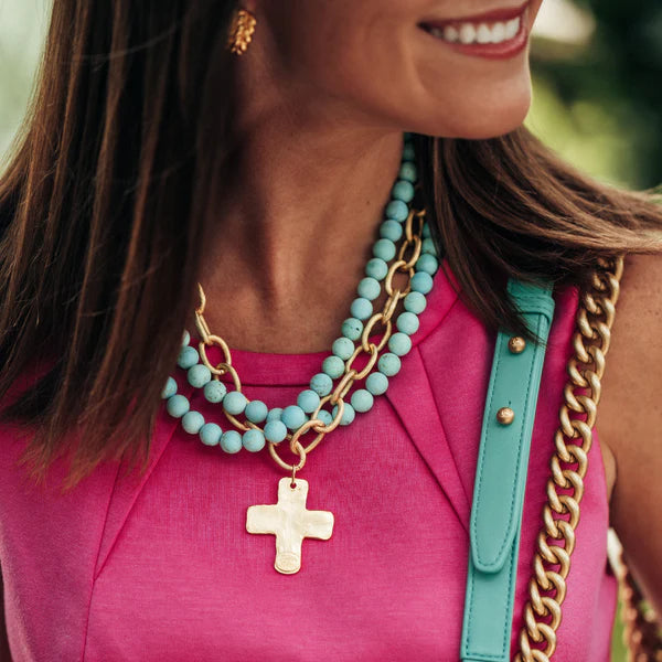 Matte Turquoise Multi Strand Cross Necklace