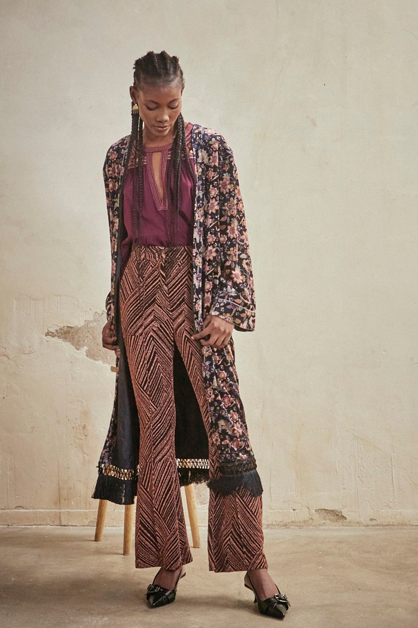 Long Printed Velvet Kimono