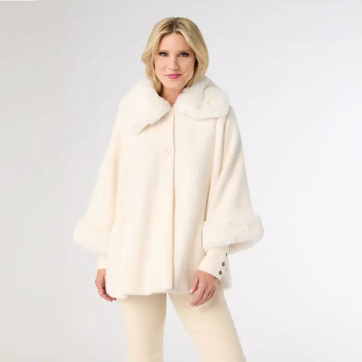 Janera 3/4 Sleeve Button Wrap With Faux Fur Trim