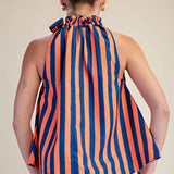 Ruffle Neck Tie Striped Top