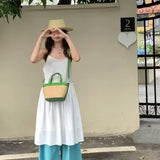 Microfiber Leather Trim Straw Tote/Crossbody