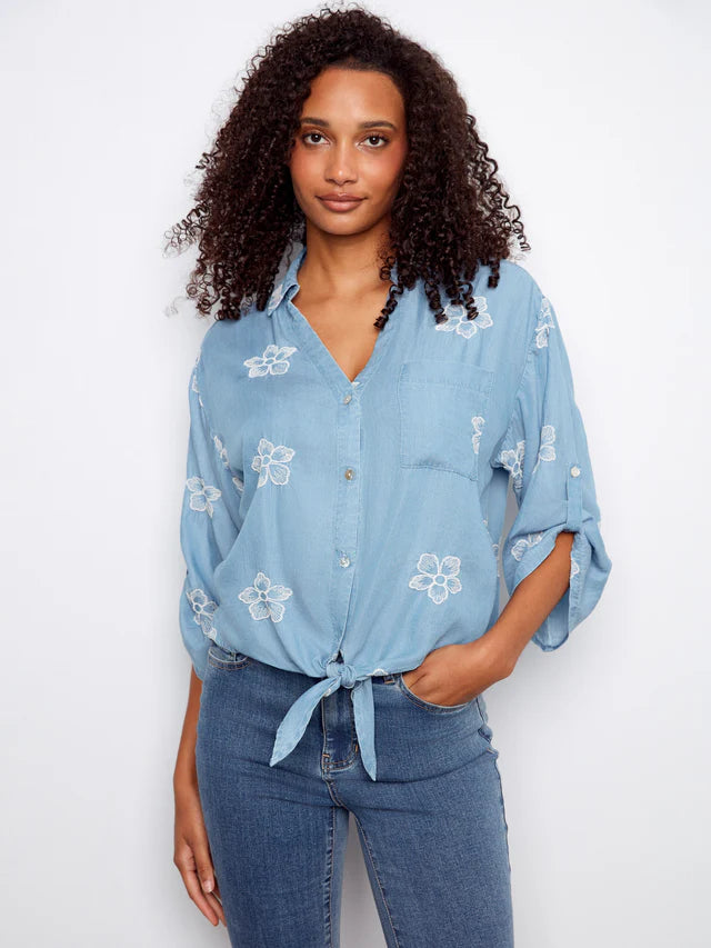 Roll Sleeve Embroidered Blouse
