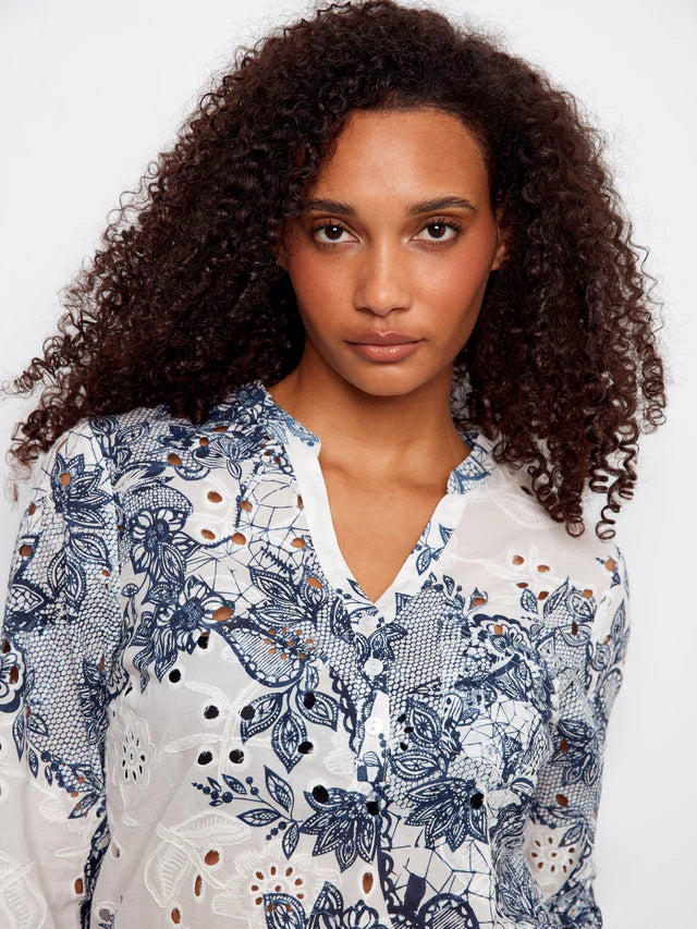 Printed Eyelet Half Button Blouse