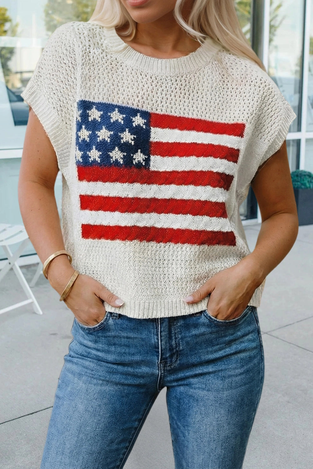 Flag Short Sleeve Sweater Top
