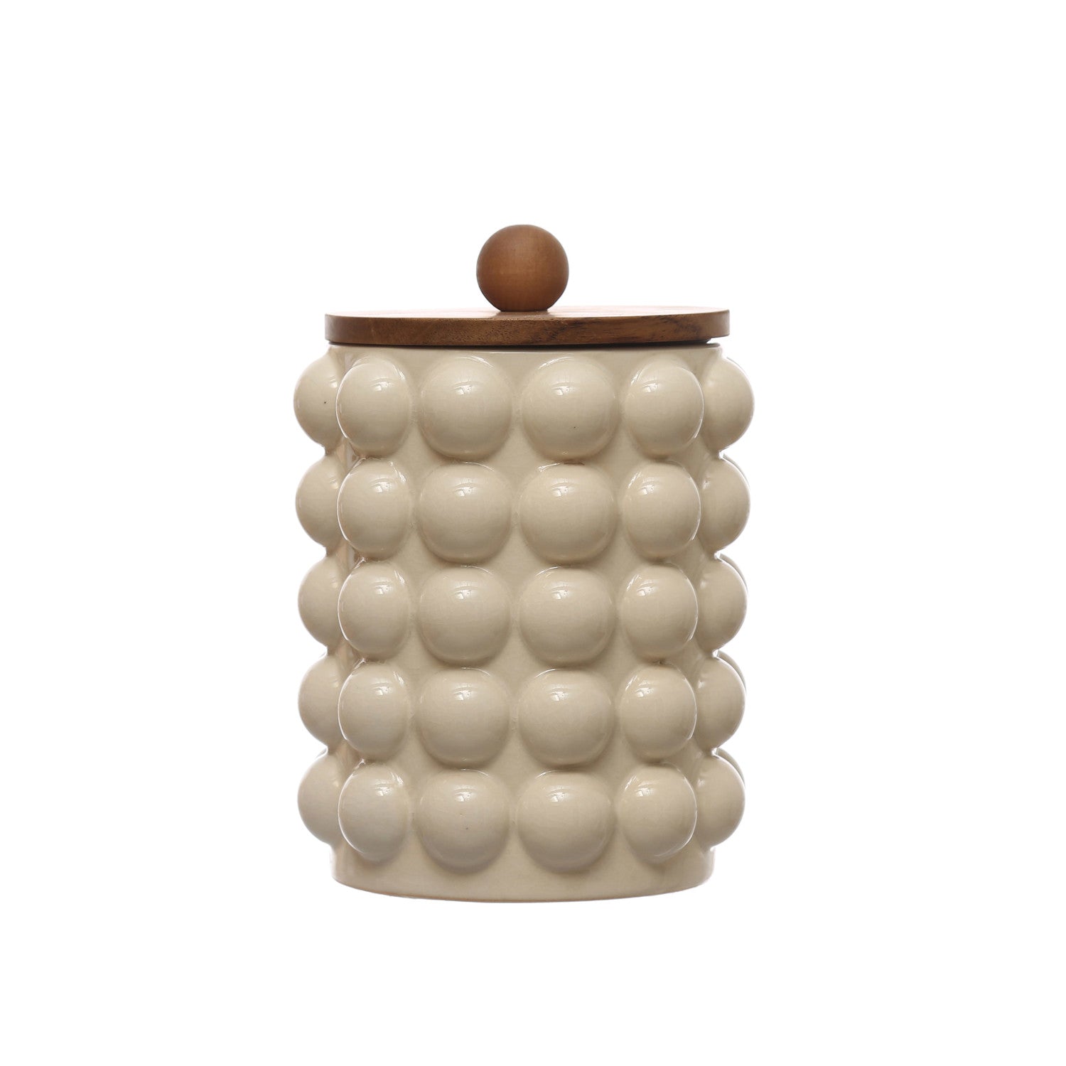 Stoneware Canister w/ Raised Dots & Acacia Wood Lid & Natural