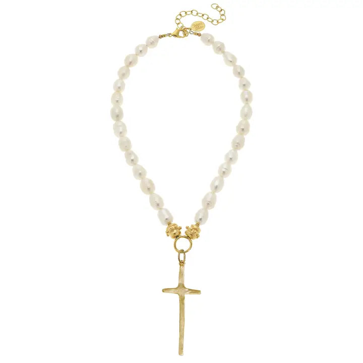 Susan Shaw Elongated Cross Pearl Necklace