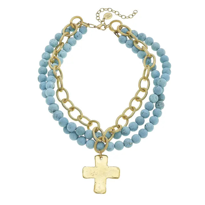 Gold Cross on 3 Row Turquoise Necklace