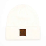 Soft Ribbed Leather Patch Beanie