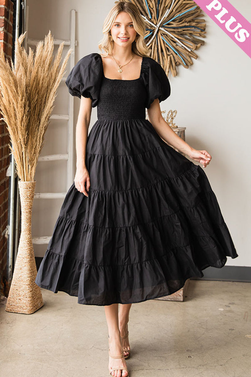 Plus Size Square Neck Puff Sleeve Tiered Midi Dress Twisted Sisters!