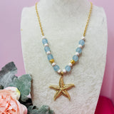 Gold 36" Starfish & Oyster Aqua Sea Glass Necklaces