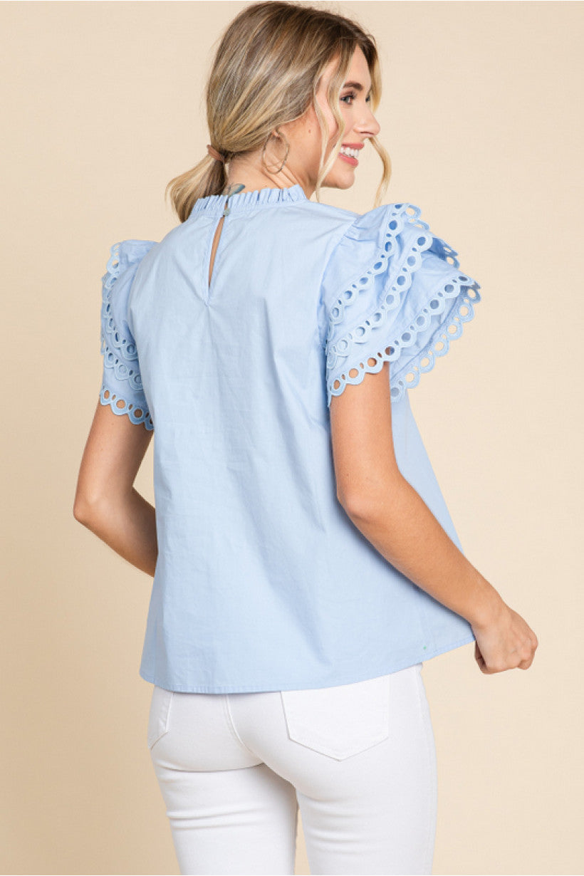 FRILLED NECK RUFFLE SLEEVE TOP