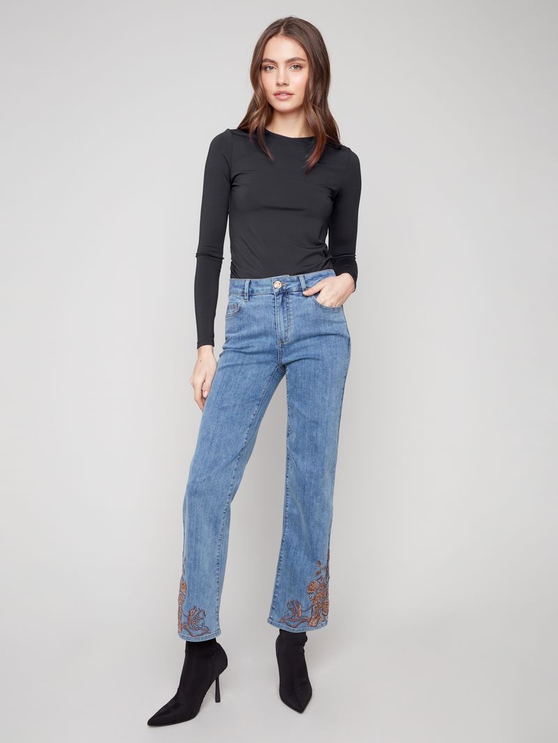 Lace Embroidered Stretch Denim Pants
