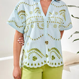 Embroidered Poplin Short Sleeve Blouse